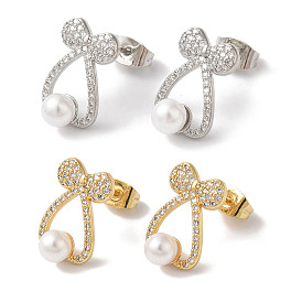 Bowknot Brass Micro Pave Clear Cubic Zirconia Stud Earrings, with Imitation Pearl for Women