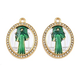 304 Stainless Steel Enamel & Crystal Rhinestone Pendants, Oval with Saint Benedict Charms, Ion Plating(IP)
