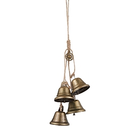 Iron Bell Pendant Decoration, Alloy Hollow Sun and Jute Cord for Home Door Hanging Ornaments