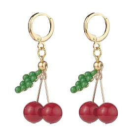 Natural Mashan Jade & Glass Seed Beaded Cherry Dangle Leverback Earrings, Brass Wire Wrap Jewelry for Women