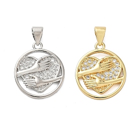 Латунные микропаве прозрачные подвески с фианитом, плоский круглый с сердечками, стойки покрытие, долговечный, без свинца и без кадмия
