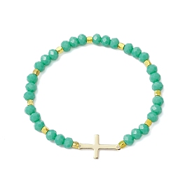 Faceted Rondelle Glass Beaded Stretch Bracelets, Golden Tone 201 Stainless Steel Cross Bracelets for Women