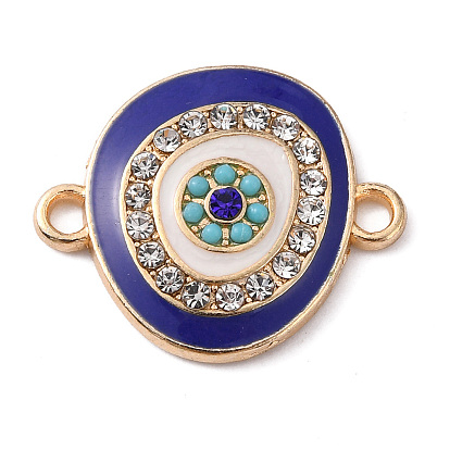 Alloy Enamel Evil Eye Connector Charms, with Crystal Rhinestones, Light Gold, Curved Flat Round