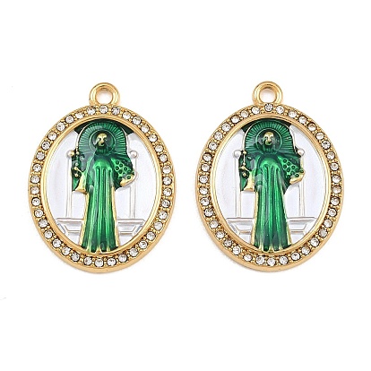 304 Stainless Steel Enamel & Crystal Rhinestone Pendants, Oval with Saint Benedict Charms, Ion Plating(IP)