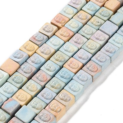 Natural Rainbow Alashan Agate Beads Strands, Dyed, Carved Cube with Buddha Head