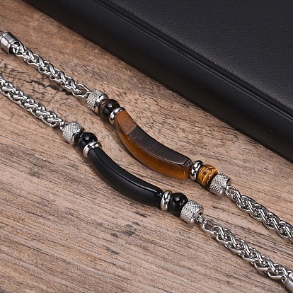 Natural Mixed Gemstone Curved Bar Link Bracelet, with Stainless Steel Wheat Chains