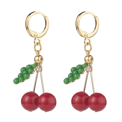 Natural Mashan Jade & Glass Seed Beaded Cherry Dangle Leverback Earrings, Brass Wire Wrap Jewelry for Women