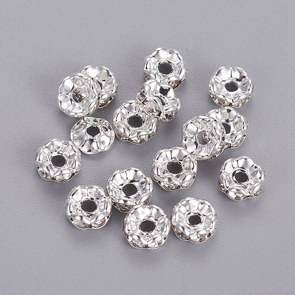 Brass Rhinestone Spacer Beads, Grade A, Rondelle, Silver Color Plated