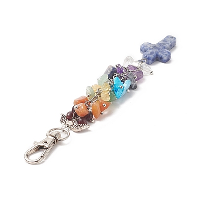 Chakra Gemstone Cross & Chips Beaded Keychain, with Alloy Swivel Lobster Claw Clasps