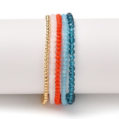 Stretch Bracelets Sets, Stackable Bracelets, with Real 18K Gold Plated Brass Beads and Glass Beads, Round & Rondelle
