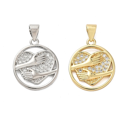 Латунные микропаве прозрачные подвески с фианитом, плоский круглый с сердечками, стойки покрытие, долговечный, без свинца и без кадмия