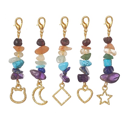 Decoraciones colgantes con chip de piedras preciosas naturales de chakra, colgante de aleación y 304 cierres giratorios de pinza de langosta de acero inoxidable