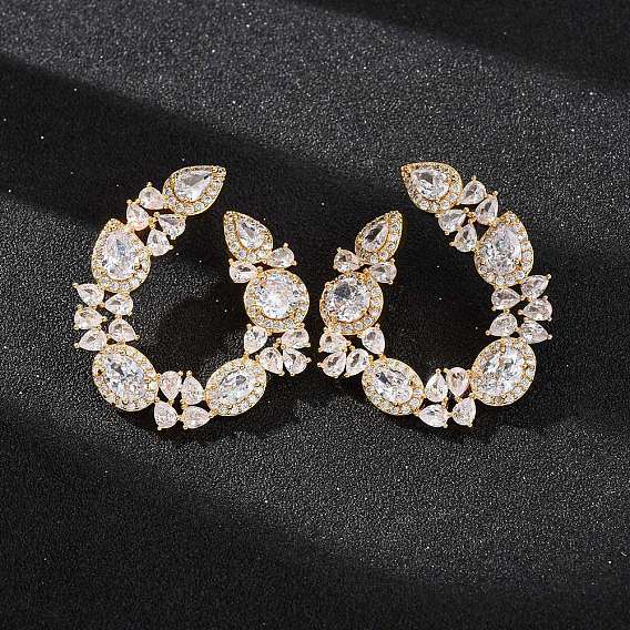 Brass Pave Cubic Zirconia Stud Earrings for Women, Teardrop