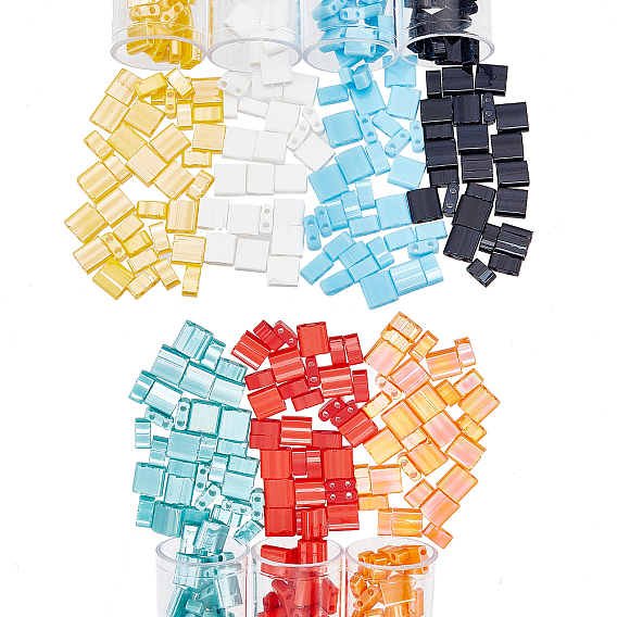 630Pcs 14 Style 2-Hole Opaque Glass Seed Beads, AB Colours, Rectangle