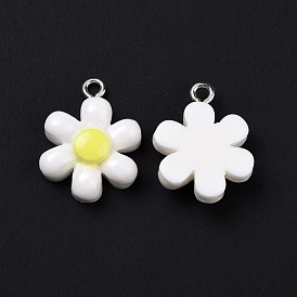 Opaque Resin Pendants, with Platinum Tone Iron Loops, Flower Charm