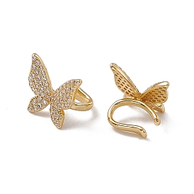 Clear Cubic Zirconia Butterfly Open Cuff Earrings, Rack Plating Brass Non Piercing Jewelry for Women, Cadmium Free & Lead Free