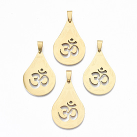 Hollow Out Design Pendants, 201 Stainless Steel Pendants, with Snap on Bails, Laser Cut, Teardrop with Aum/Ohm
