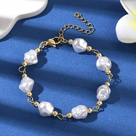 Пластиковые бусины с имитацией жемчуга и 304 браслеты из звеньев нержавеющей стали для женщин, самородки