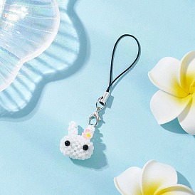 Ремешки для мобильного телефона с головой кролика, украшенные стеклянными бусинами, с нейлоновым шнуром