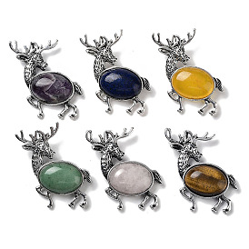Alloy Elk Brooches, with Natural Gemstone, Antique Silver
