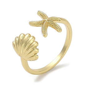 Shell Shape & Starfish Rack Plating Brass Cuff Finger Rings for Women, Cadmium Free & Lead Free, Long-Lasting Plated