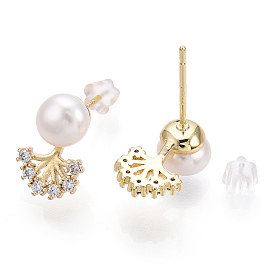 Clear Cubic Zirconia Tree of Life Stud Earrings with Natural Pearl, Brass Earring with 925 Sterling Silver Pins