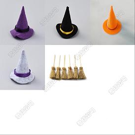 Conjunto de decoración de Halloween, con mini sombreros de bruja de poliéster y mini escoba de madera escoba de bruja escoba de paja