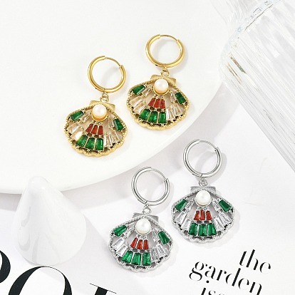 Ионное покрытие (ip) 304 серьги-кольца из нержавеющей стали с микропаве из кубического циркония, с искусственным жемчугом из платины для женщин, формы раковины