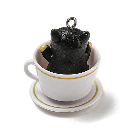 Opaque Resin Puppy Pendants, Cute Dog in Tea Cup Charms, with Platinum Tone Iron Loops