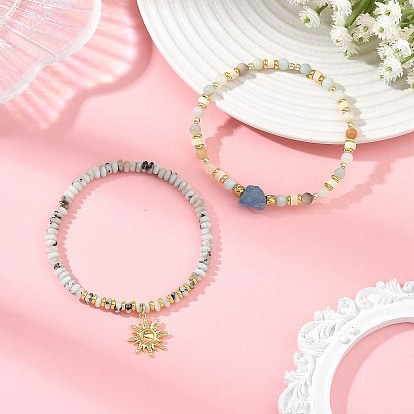 Ensembles de bracelets extensibles en perles de jaspe sésame naturel, d'aigue-marine et d'amazonite florale, avec pendentifs soleil en laiton, bracelets empilables, or