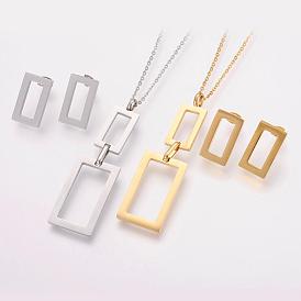 304 Stainless Steel Jewelry Sets, Pendant Necklaces and Stud Earrings, Rectangle