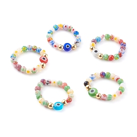Handmade Millefiori Glass Beaded Stretch Rings, with Evil Eye Lampwork Beads and Brass Beads, Golden