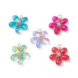 Transparent Glass Pendants, with Eco-Friendly Copper Wire, Long-Lasting Plated, Flower Charm