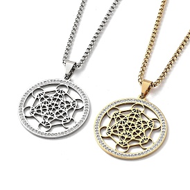 Crystal Rhinestone Flat Round with Hexgon Pendant Necklace with 304 Stainless Steel Box Chains