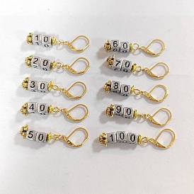 10Stück 10Stile Acryl-Anhänger-Maschenmarkierer, mit eisernen Brisur-Ohrringen, Quadrat mit Nummer
