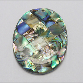 Abalone Shell/Paua Shell Pendants, Single Side, Mosaic Pattern, Oval, 30x39.5x5mm Hole: 1mm