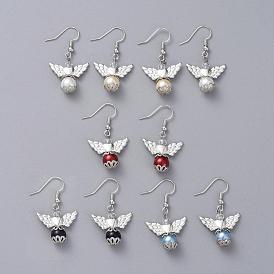 Dangle Earrings, with Glass Pearl Round Beads, Rondelle Glass Beads, Tibetan Style Alloy Wing Beads, Brass Earring Hooks & Bead Caps