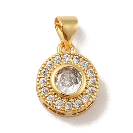 Brass Micro Pave Cubic Zirconia Pendants, Cadmium Free & Lead Free, Long-Lasting Plated, Flat Round, Clear