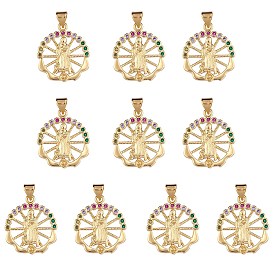 10Pcs Rack Plating Brass Micro Pave Cubic Zirconia Pendants, Real 18K Gold Plated, Long-Lasting Plated, Flat Round with Virgin Mary