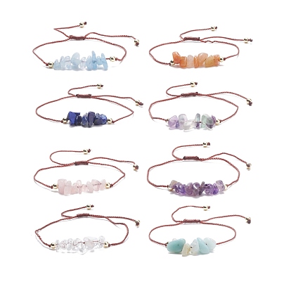 Natural Gemstone Chips Beaded Bracelet with Brass Beads, Adjustable Bracelet for Women