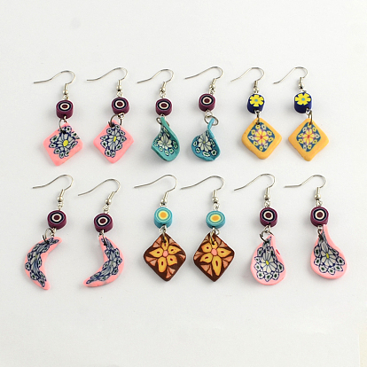 Mixed Handmade Polymer Clay Dangle Earrings, with Platinum Plated Iron Earring Hooks, 55x13~19x3~6mm, Pin: 1mm, 12pairs/dozen