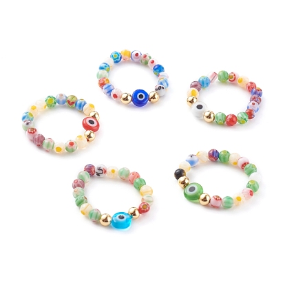 Handmade Millefiori Glass Beaded Stretch Rings, with Evil Eye Lampwork Beads and Brass Beads, Golden