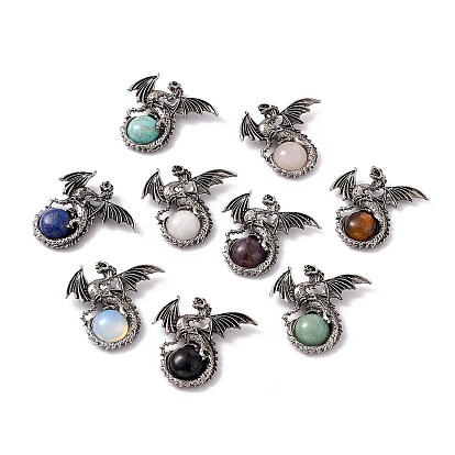 Gemstone Dome Pendants, Gragon Charms, with Rack Plating Antique Silver Tone Alloy Findings, Cadmium Free & Lead Free
