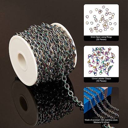 DIY Chain Jewelry Set Making Kit, Including Rainbow Color Ion Plating(IP) 304 Stainless Steel 5M Cable Chains & 10Pcs Clasps & 20Pcs Jump Rings, 1Pc Plastic Spool