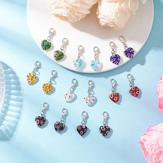 Подвесные украшения ручной работы в стиле миллефиори, Сплав с застежками когтя омара, сердце