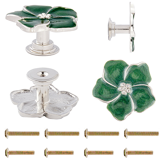 4шт. ручки для ящиков из сплава со стразами, эмалированная ручка выдвижного ящика, зеленый цветок, с винтами из углеродистой стали