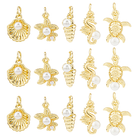 15 шт 3 стили латунные подвески, океанские темы, с искусственным жемчугом, долговечный, без кадмия и без свинца, стойки покрытие, реальный 18 k позолоченный, с целью перехода в кольце