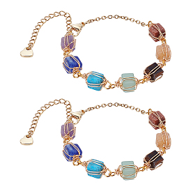 2шт. браслеты из натуральных смешанных драгоценных камней для женщин, с латунью и 304 результатами из нержавеющей стали