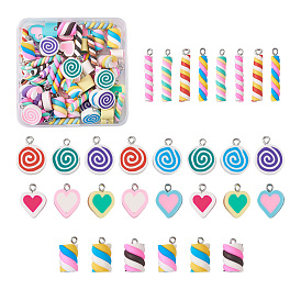 Кулоны из смолы и кулоны из полимерной глины ручной работы, с железной фурнитурой, зефир и сердце и плоский круглый с вихрем