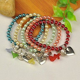 Beaux bracelets de charme de robe de mariage d'ange, étirer bracelets pour fille, avec verre perles de nacre et de perles de style tibétain, 55mm